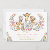 サファリ動物ワイルドフラワーガーデンガールベビーシャワー 招待状 (正面)