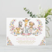 サファリ動物ワイルドフラワーガーデンガールベビーシャワー 招待状 (スタンド正面)