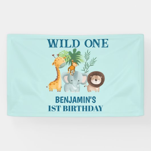 サファリ動物ワイルドワンジャングル1歳の誕生日 横断幕 (横)