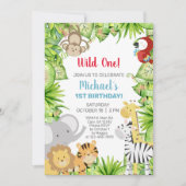 サファリ動物ワイルドワン男の子1歳の誕生日招待状。 招待状 (正面)