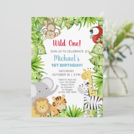 サファリ動物ワイルドワン男の子1歳の誕生日招待状。 招待状 (スタンド正面)