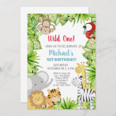 サファリ動物ワイルドワン男の子1歳の誕生日招待状。 招待状 (正面/裏面)