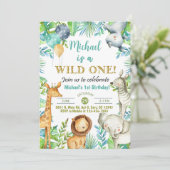 サファリ動物ワイルドワン男の子1歳の誕生日招待状。 招待状 (スタンド正面)