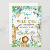 サファリ動物ワイルドワン男の子1歳の誕生日招待状。 招待状 (正面/裏面)