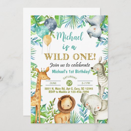サファリ動物ワイルドワン男の子1歳の誕生日招待状。 招待状 (正面/裏面)