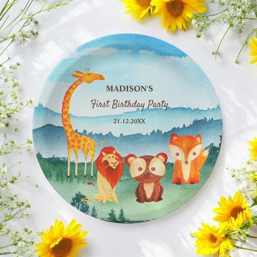 サファリ動物園の動物の青い緑の水色 ペーパープレート