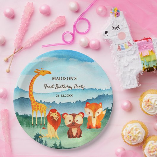 サファリ動物園の動物の青い緑の水色 ペーパープレート (パーティー)