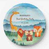 サファリ動物園の動物の青い緑の水色 ペーパープレート (正面)