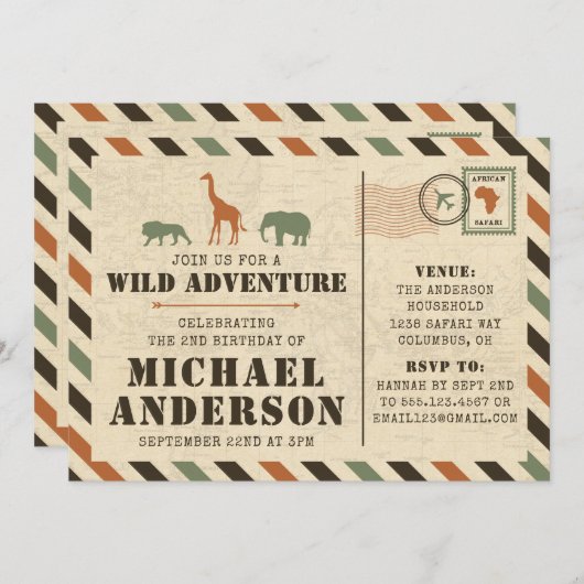 サファリ動物園の誕生日パーティーの招待 招待状 (正面/裏面)