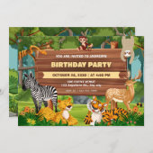 サファリ動物園の野生動物の誕生日 招待状 (正面/裏面)