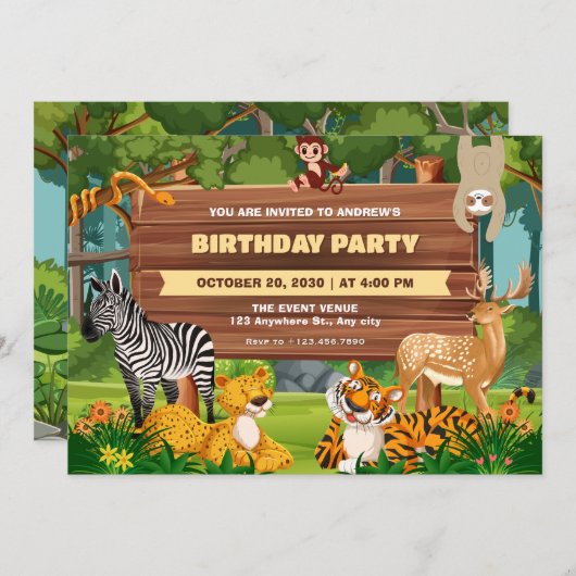 サファリ動物園の野生動物の誕生日 招待状 (正面/裏面)