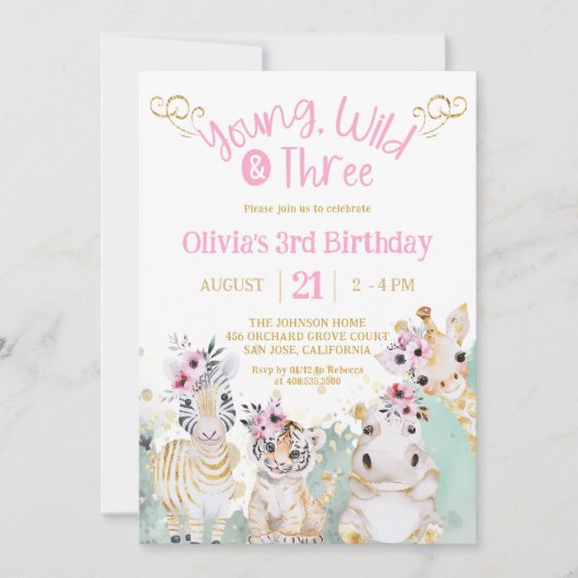 サファリ動物園ピンク金ゴールドフローラガール誕生日3 招待状 (正面)