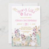 サファリ動物園 ピンク ゴールド フラワー ガール 3歳 誕生日 招待状 (正面)