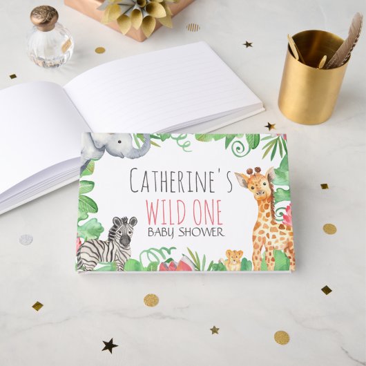 サファリ動物時事的フローラベビーシャワーウェルカム ゲストブック (正面見開き)