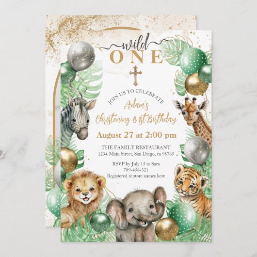 サファリ動物熱帯緑ベビー1歳 招待状 (正面/裏面)