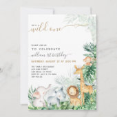 サファリ動物緑のワイルドワンボーイ1歳の誕生日 招待状 (正面)