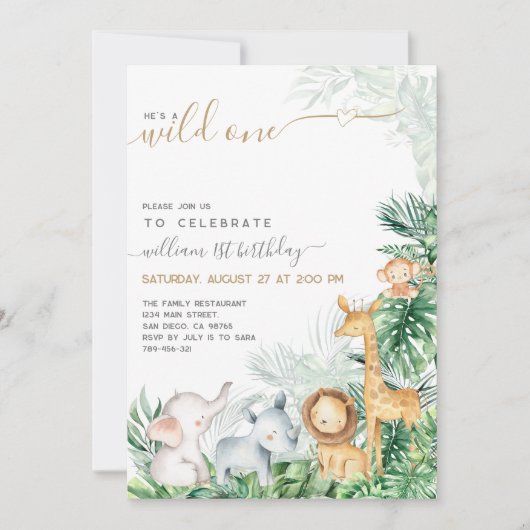 サファリ動物緑のワイルドワンボーイ1歳の誕生日 招待状 (正面)