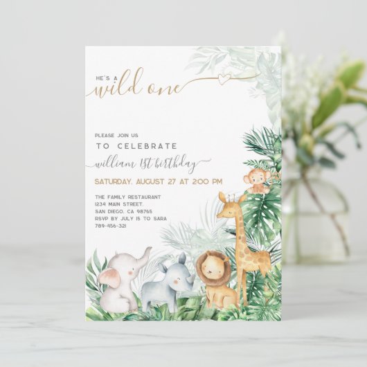 サファリ動物緑のワイルドワンボーイ1歳の誕生日 招待状 (スタンド正面)