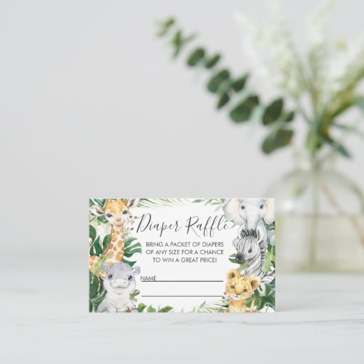 サファリ動物緑の赤ちゃんシャワーおむつラッフル 名刺 (スタンド正面)