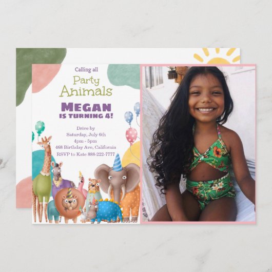 サファリ動物誕生日招待状と写真 招待状 (正面/裏面)