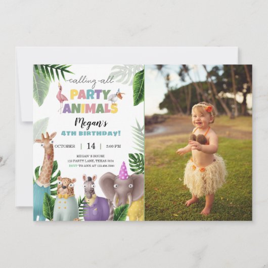 サファリ動物誕生日招待状付き写真 招待状 (正面)