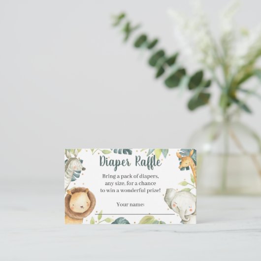 サファリ動物赤ちゃんシャワーおむつラッフルカード エンクロージャーカード (スタンド正面)