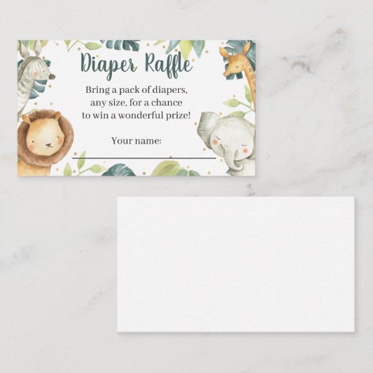 サファリ動物赤ちゃんシャワーおむつラッフルカード エンクロージャーカード (正面/裏面)