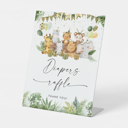 サファリ動物赤ちゃんシャワーおむつラッフルサイン 台座サイン (正面)