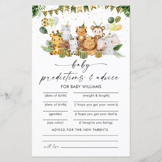 サファリ動物赤ちゃんシャワー予測カード (正面)