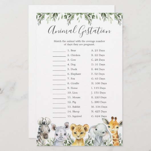 サファリ動物赤ちゃんシャワー動物の妊娠ゲーム (正面/裏面)