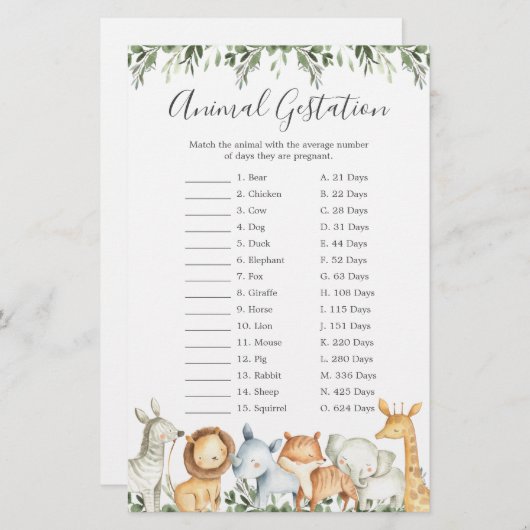 サファリ動物赤ちゃんシャワー動物の妊娠ゲーム (正面/裏面)