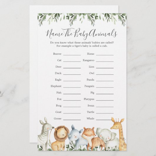サファリ動物赤ちゃんシャワー赤ちゃん動物の名前 (正面/裏面)