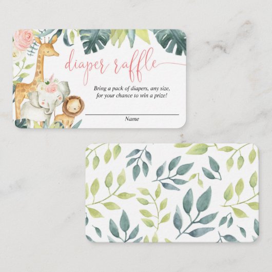 サファリ動物赤面ピンクの女の子おむつラッフルカード エンクロージャーカード (正面/裏面)