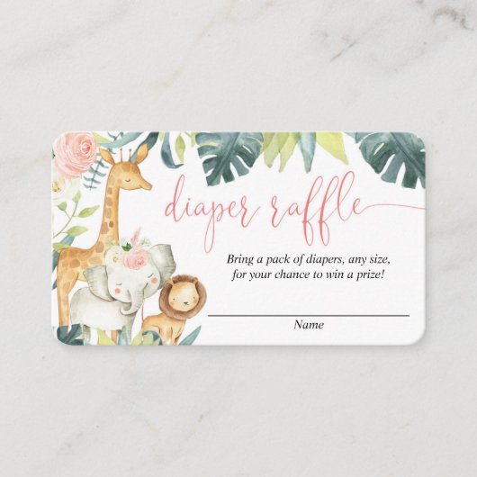 サファリ動物赤面ピンクの女の子おむつラッフルカード エンクロージャーカード (正面)