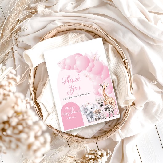 サファリ動物赤面ピンクボホベビーガールシャワー サンキューカード