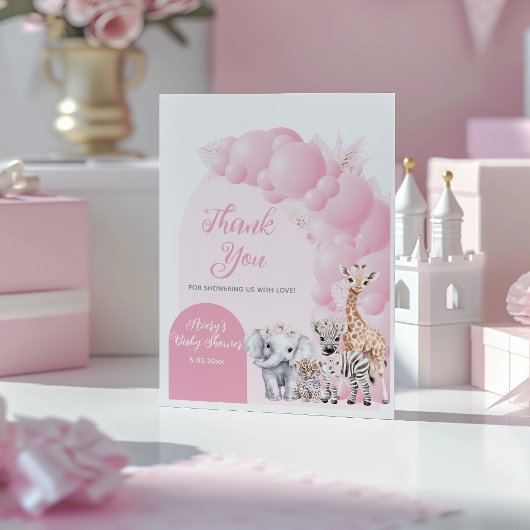 サファリ動物赤面ピンクボホベビーガールシャワー サンキューカード