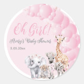 サファリ動物赤面ピンクボホベビーガールシャワー ラウンドシール (正面)
