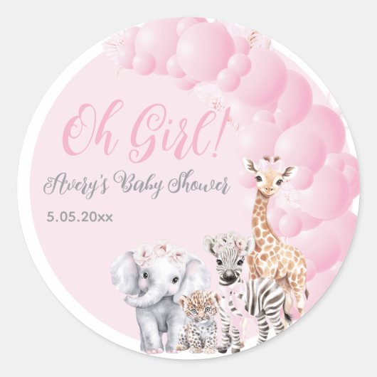 サファリ動物赤面ピンクボホベビーガールシャワー ラウンドシール (正面)