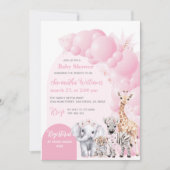 サファリ動物赤面ピンクボホベビーガールシャワー 招待状 (正面)