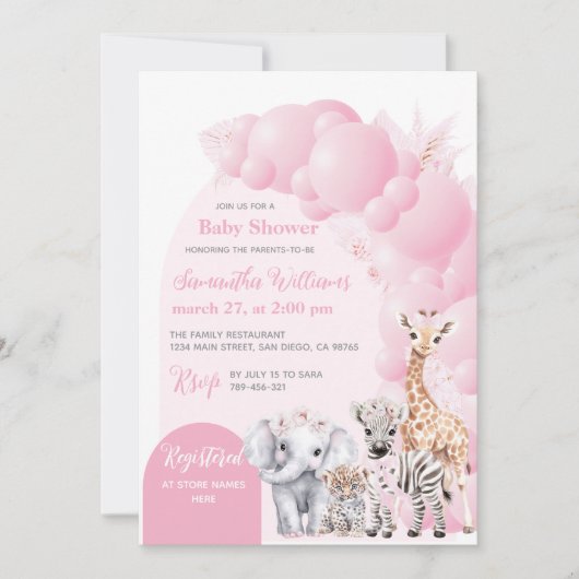 サファリ動物赤面ピンクボホベビーガールシャワー 招待状 (正面)