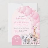 サファリ動物赤面ピンクボホベビーガールシャワー 招待状 (正面)