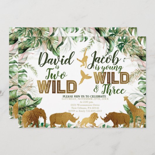 サファリ動物関節誕生日、ジャングル動物 招待状 (正面/裏面)