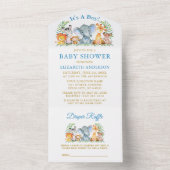 サファリ動物青いベビーシャワーとラッフル金ゴールド オールインワン招待状 (内側)