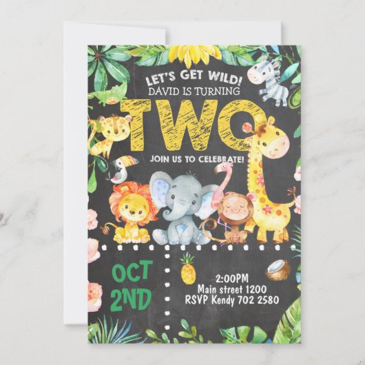 サファリ動物2歳の誕生日招待状ジャングルZOO 招待状 (正面)