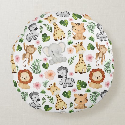 サファリ動物 – かわいいサファリの赤ちゃん動物 ラウンドクッション (正面)
