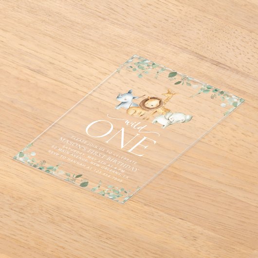 サファリ動物,ジャングル,ワイルドワン,最初の誕生日 アクリル招待状 (レイダウン)