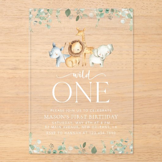 サファリ動物，ジャングル，ワイルドワン，最初の誕生日 アクリル招待状 (正面)