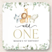 サファリ動物，ジャングル，ワイルドワン，最初の誕生日 コースター (正面)