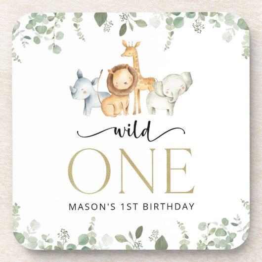 サファリ動物，ジャングル，ワイルドワン，最初の誕生日 コースター (正面)