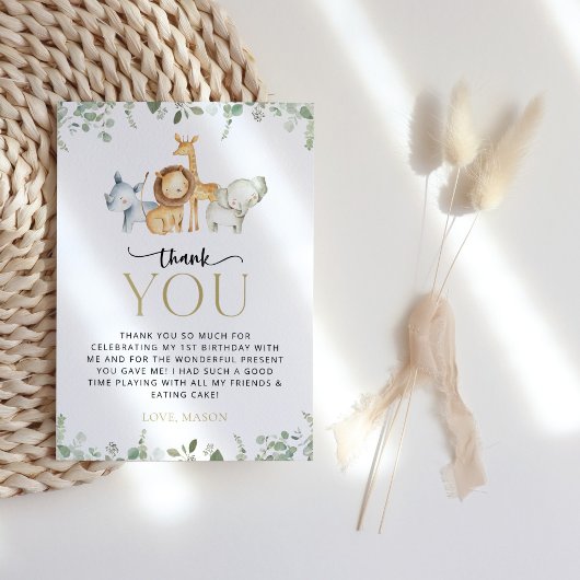 サファリ動物，ジャングル，ワイルドワン，最初の誕生日 サンキューカード